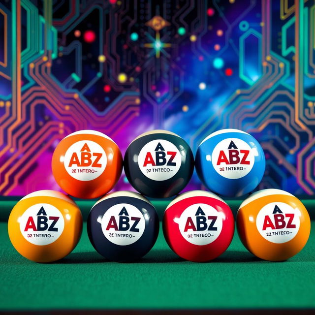 A collection of eight billiard balls, each adorned with a custom logo of 'ABZ'