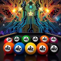 A collection of eight billiard balls, each adorned with a custom logo of 'ABZ'