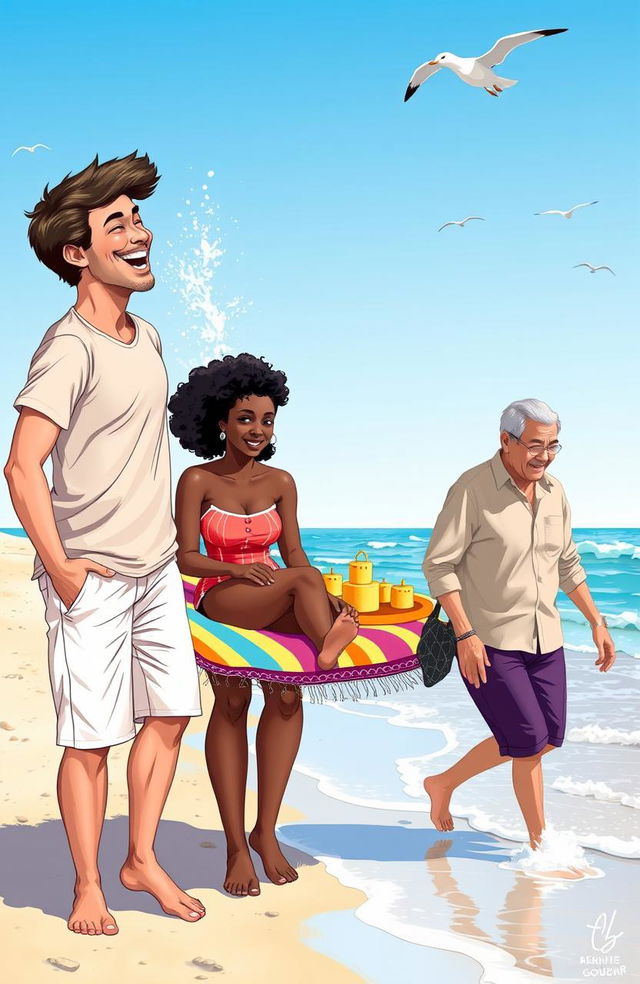 A vibrant scene depicting three diverse couples enjoying a sunny day at the beach