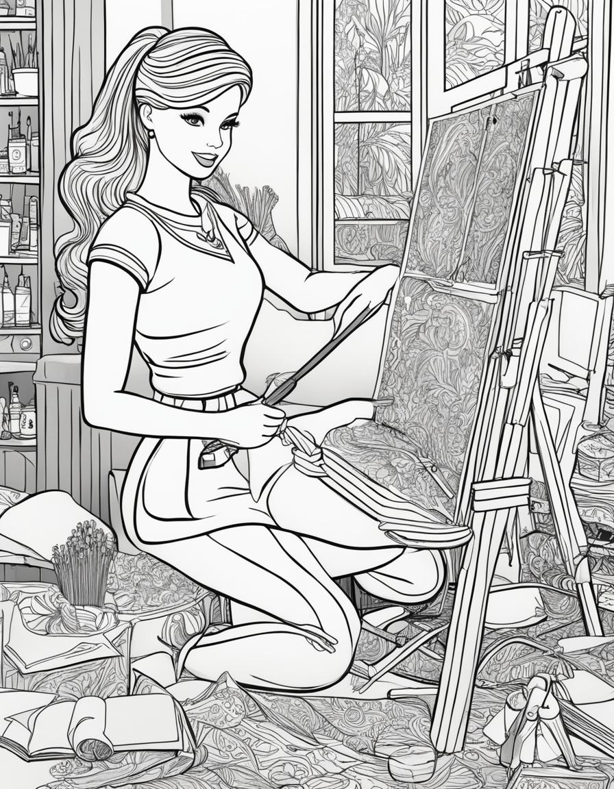 Black and white colouring book page featuring Barbie as a painter in an art studio.