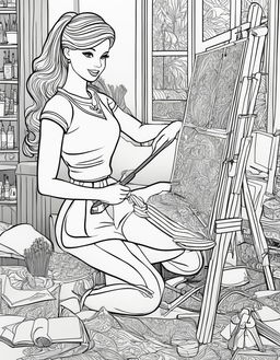 Black and white colouring book page featuring Barbie as a painter in an art studio.