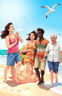 A vibrant scene depicting three diverse couples enjoying a sunny day at the beach