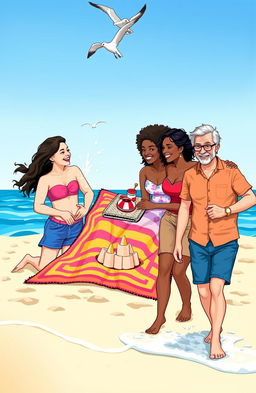 A vibrant scene depicting three diverse couples enjoying a sunny day at the beach