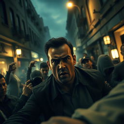 A dramatic and high-stakes scene depicting a chaotic urban environment where a man is shown in the midst of confrontation with multiple figures, emphasizing tension and action