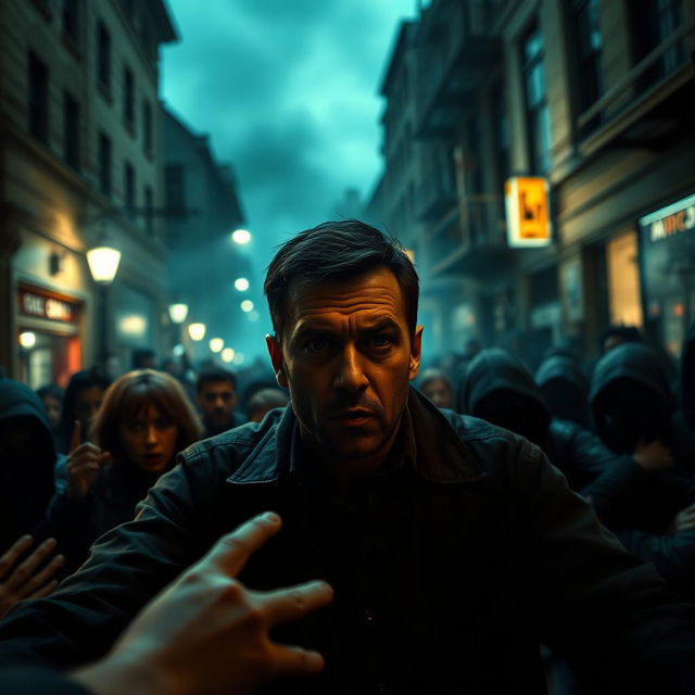 A dramatic and high-stakes scene depicting a chaotic urban environment where a man is shown in the midst of confrontation with multiple figures, emphasizing tension and action