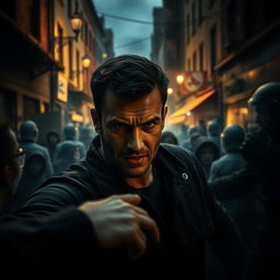 A dramatic and high-stakes scene depicting a chaotic urban environment where a man is shown in the midst of confrontation with multiple figures, emphasizing tension and action