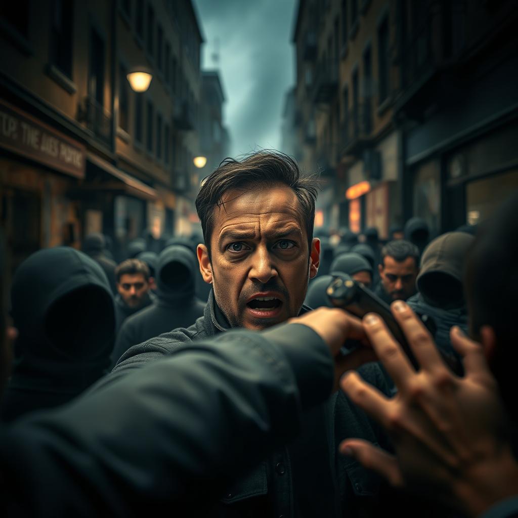 A dramatic and high-stakes scene depicting a chaotic urban environment where a man is shown in the midst of confrontation with multiple figures, emphasizing tension and action