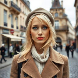 A 35-year-old woman with light blonde hair and captivating blue eyes, dressed in classic French attire