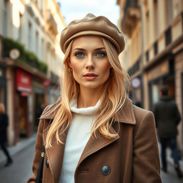 A 35-year-old woman with light blonde hair and captivating blue eyes, dressed in classic French attire