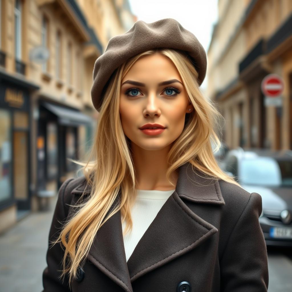 A 35-year-old woman with light blonde hair and captivating blue eyes, dressed in classic French attire