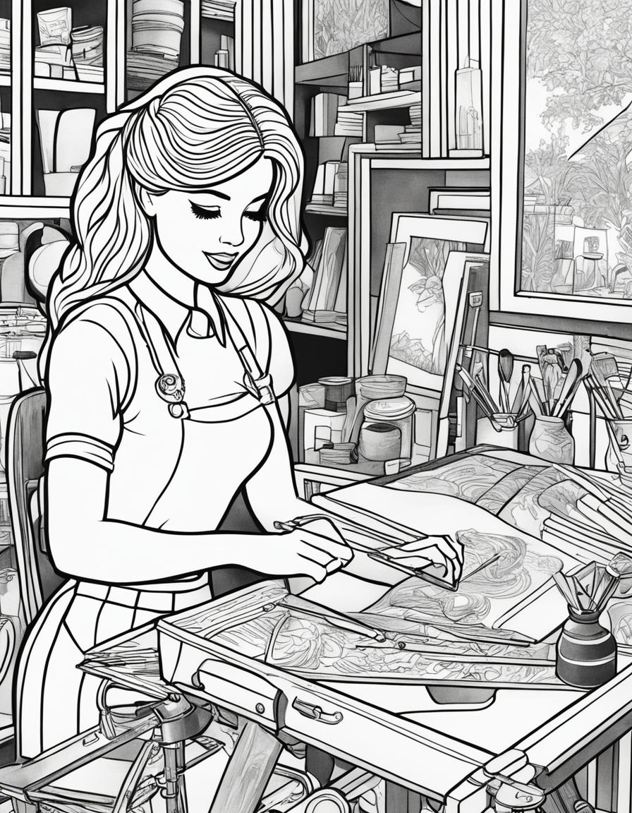 Black and white colouring book page featuring Barbie as a painter in an art studio.