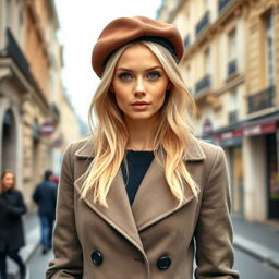A 35-year-old woman with light blonde hair and captivating blue eyes, dressed in classic French attire
