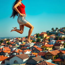 A stunning side view of an Indian aunty effortlessly levitating above a vibrant array of houses