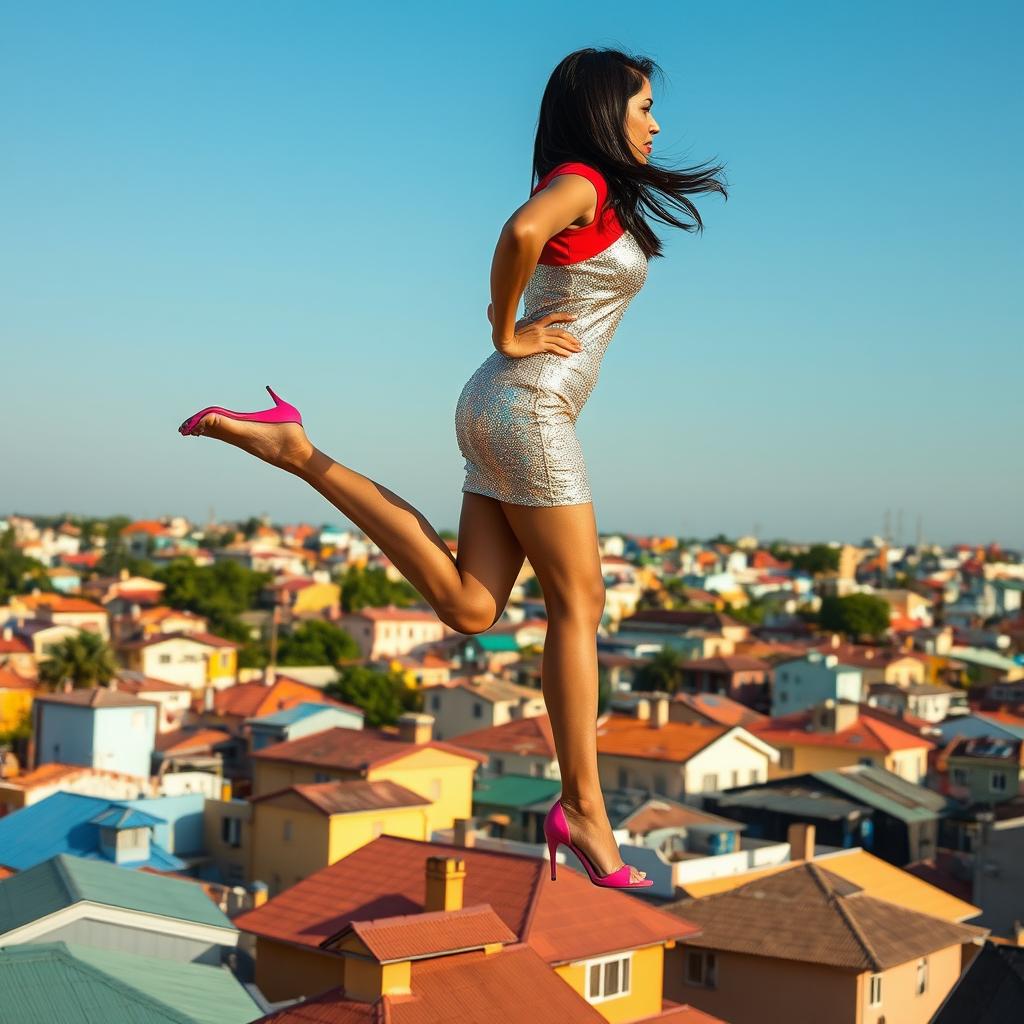 A stunning side view of an Indian aunty effortlessly levitating above a vibrant array of houses