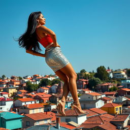 A stunning side view of an Indian aunty effortlessly levitating above a vibrant array of houses