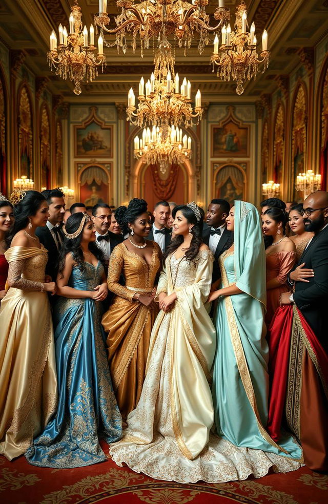 A royal gathering featuring a diverse and elegant group of couples dressed in extravagant costumes, reflecting different cultures and historical periods