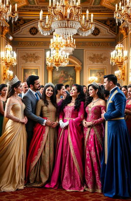 A royal gathering featuring a diverse and elegant group of couples dressed in extravagant costumes, reflecting different cultures and historical periods