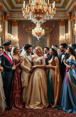 A royal gathering featuring a diverse and elegant group of couples dressed in extravagant costumes, reflecting different cultures and historical periods