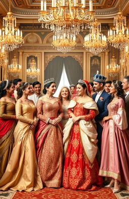 A royal gathering featuring a diverse and elegant group of couples dressed in extravagant costumes, reflecting different cultures and historical periods