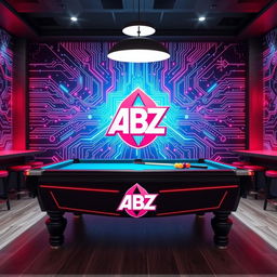 A vibrant billiard scene featuring a billiard setup with a logo of 'ABZ' creatively incorporated into the design