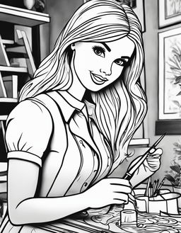 Black and white colouring book page featuring Barbie as a painter in an art studio.