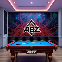 A vibrant billiard scene featuring a billiard setup with a logo of 'ABZ' creatively incorporated into the design