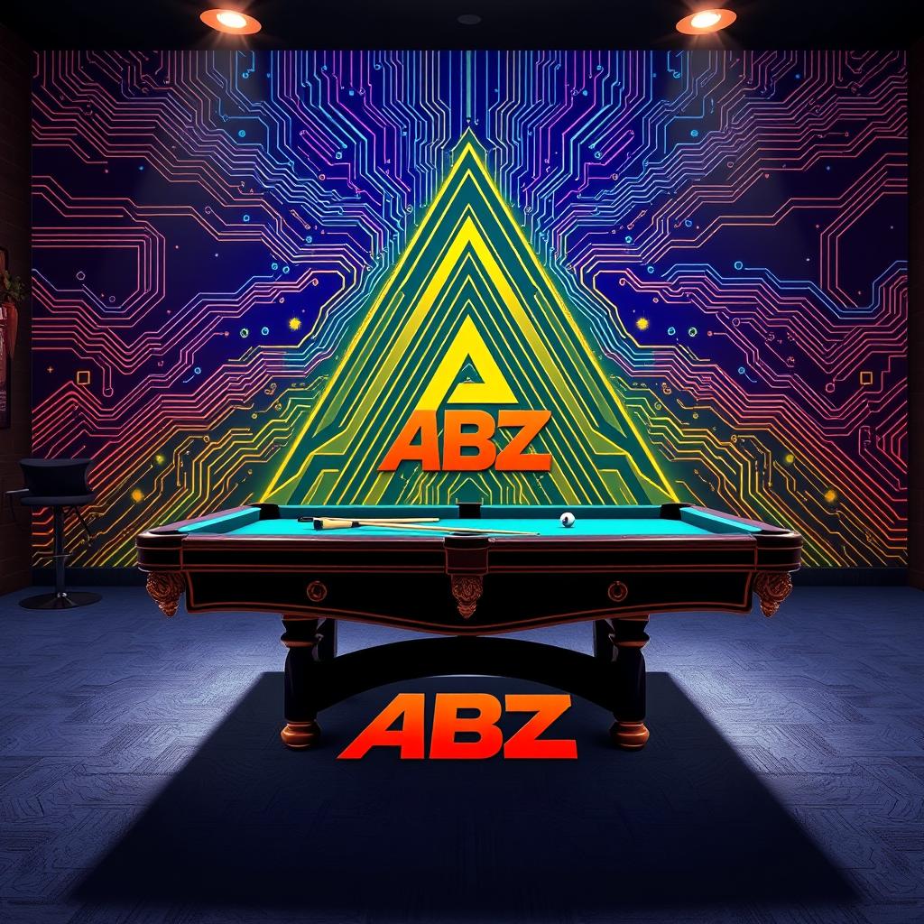 A vibrant billiard scene featuring a billiard setup with a logo of 'ABZ' creatively incorporated into the design