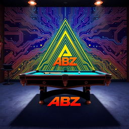 A vibrant billiard scene featuring a billiard setup with a logo of 'ABZ' creatively incorporated into the design