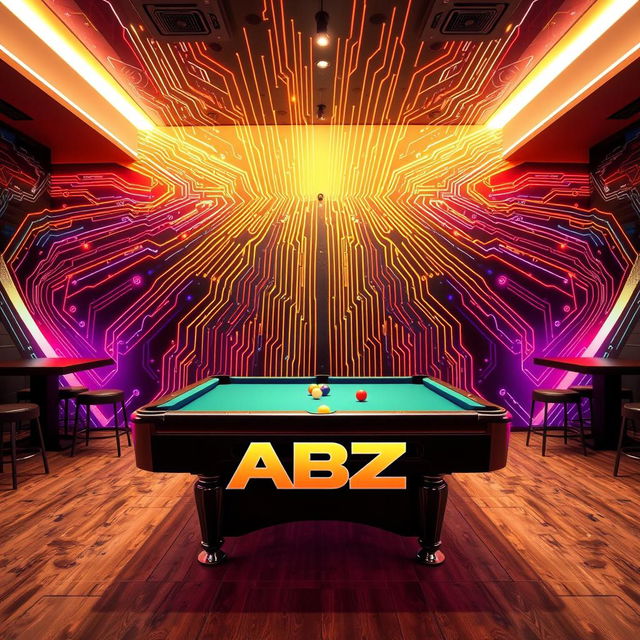 A vibrant billiard scene featuring a billiard setup with a logo of 'ABZ' creatively incorporated into the design