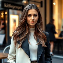 A European woman aged 30-35, stylishly dressed in modern clothing