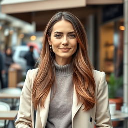 A European woman aged 30-35, stylishly dressed in modern clothing