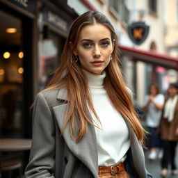 A European woman aged 30-35, stylishly dressed in modern clothing
