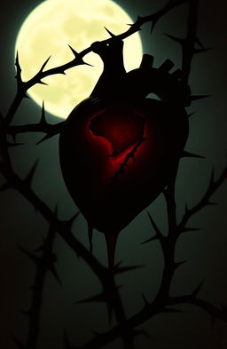 A dark fantasy romance scene featuring a human heart, dripping fresh blood, surrounded by sharp, twisted thorns