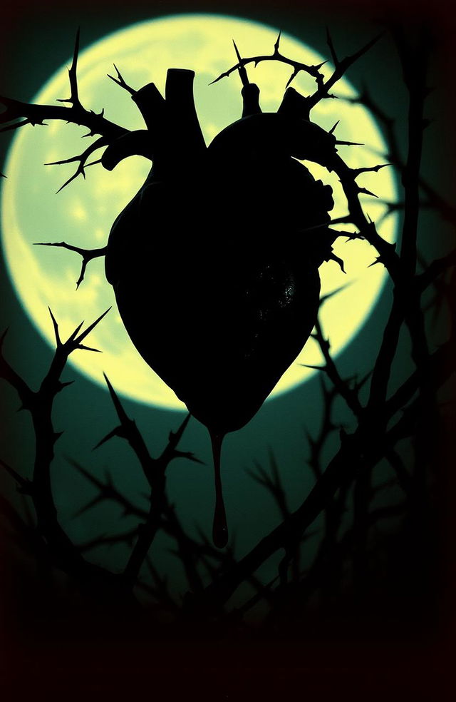 A dark fantasy romance scene featuring a human heart, dripping fresh blood, surrounded by sharp, twisted thorns