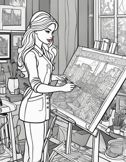 Black and white colouring book page featuring Barbie as a painter in an art studio.