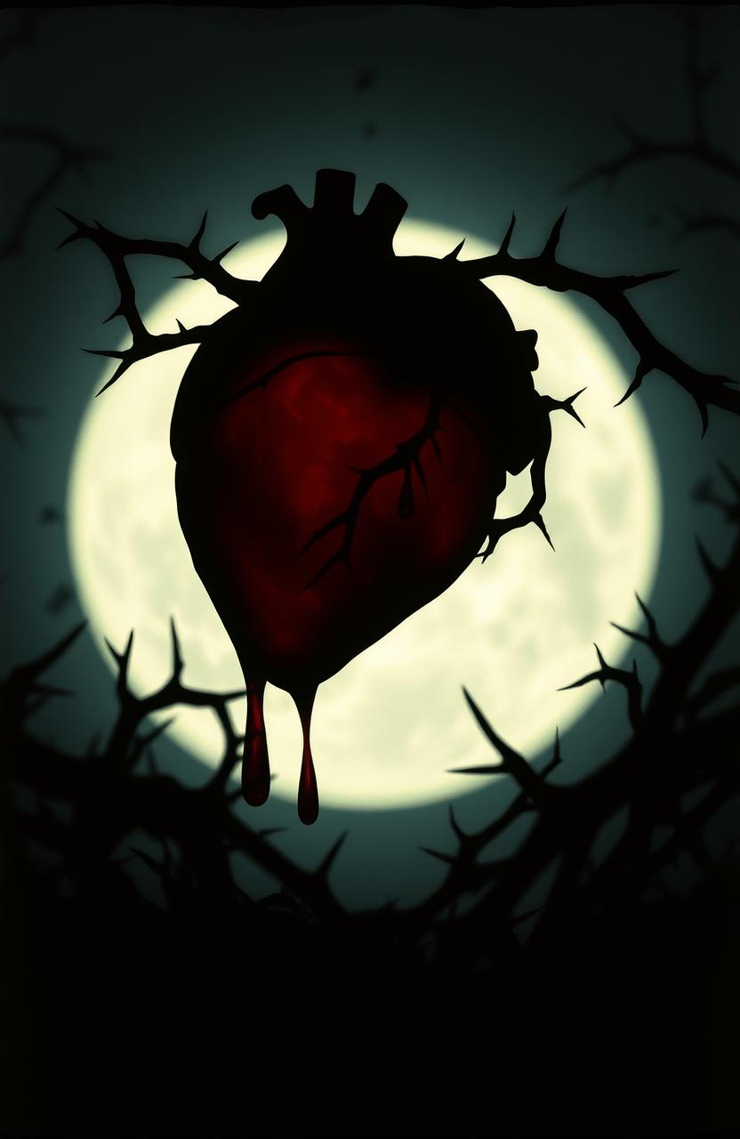 A dark fantasy romance scene featuring a human heart, dripping fresh blood, surrounded by sharp, twisted thorns