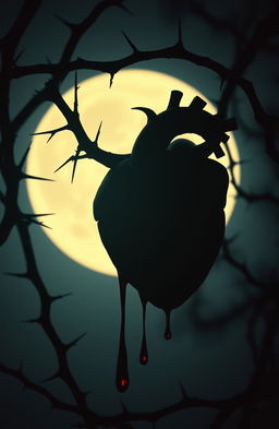 A dark fantasy romance scene featuring a human heart, dripping fresh blood, surrounded by sharp, twisted thorns