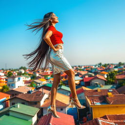 An enchanting side view of an Indian aunty effortlessly levitating above a lively array of houses