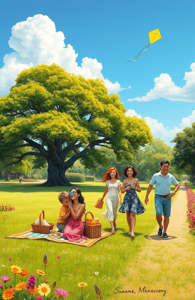 A vibrant scene depicting a group of diverse couples enjoying a sunny day at the park