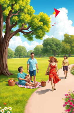 A vibrant scene depicting a group of diverse couples enjoying a sunny day at the park