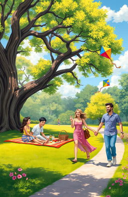 A vibrant scene depicting a group of diverse couples enjoying a sunny day at the park