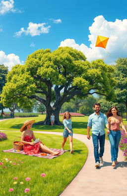 A vibrant scene depicting a group of diverse couples enjoying a sunny day at the park