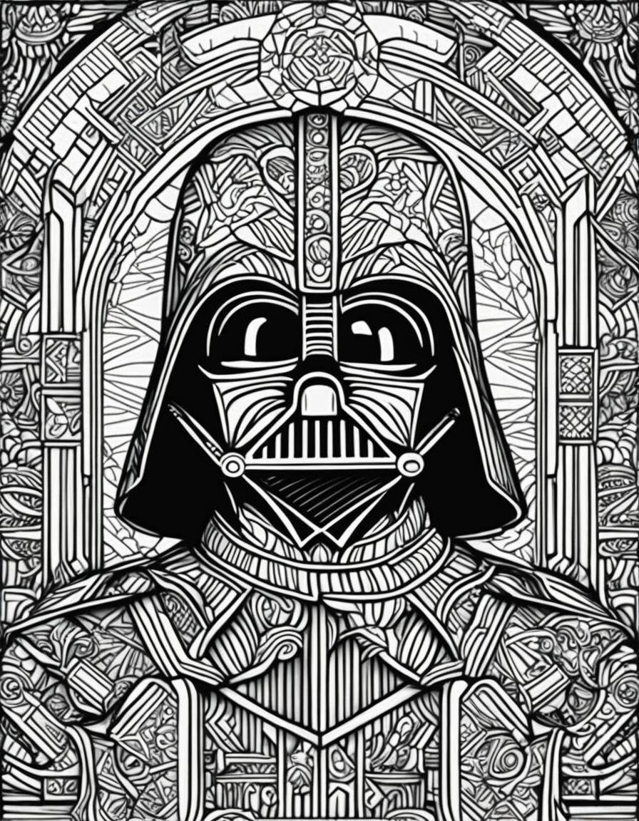 Star Wars-themed adult coloring page featuring Darth Vader in intricate geometric patterns surrounded by elements from the Star Wars universe