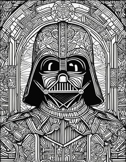 Star Wars-themed adult coloring page featuring Darth Vader in intricate geometric patterns surrounded by elements from the Star Wars universe