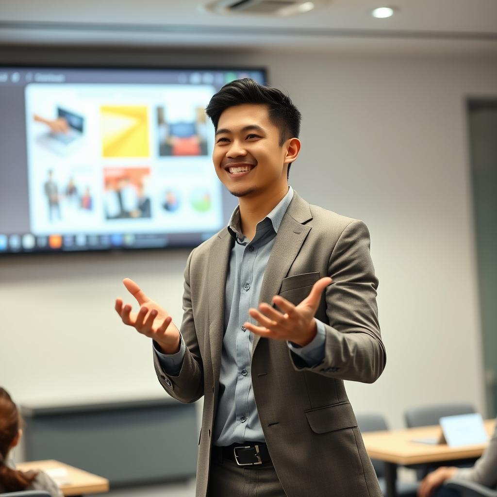 A handsome Indonesian man confidently giving a presentation