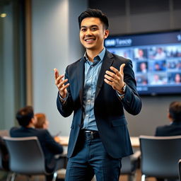 A handsome Indonesian man confidently giving a presentation