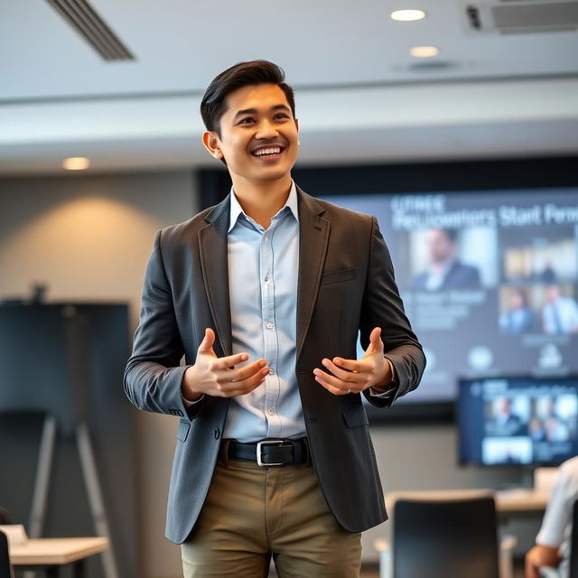 A handsome Indonesian man confidently giving a presentation