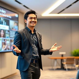 A handsome Indonesian man confidently giving a presentation