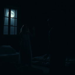 A cinematic scene in a dark, moody bedroom at night, illustrating a tense standoff between a man and a woman