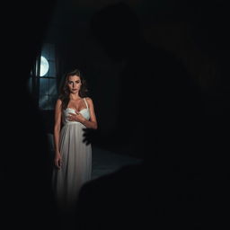 A cinematic scene in a dark, moody bedroom at night, illustrating a tense standoff between a man and a woman